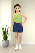Girls Green Embroidered Crop Top & Denim Skort