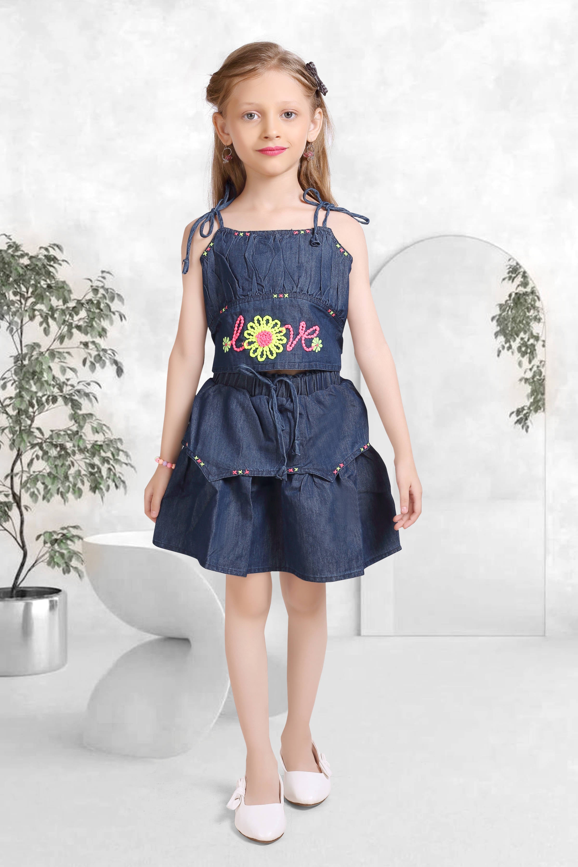 Embroidered Denim Co-ord Set for Girls - D.Blue