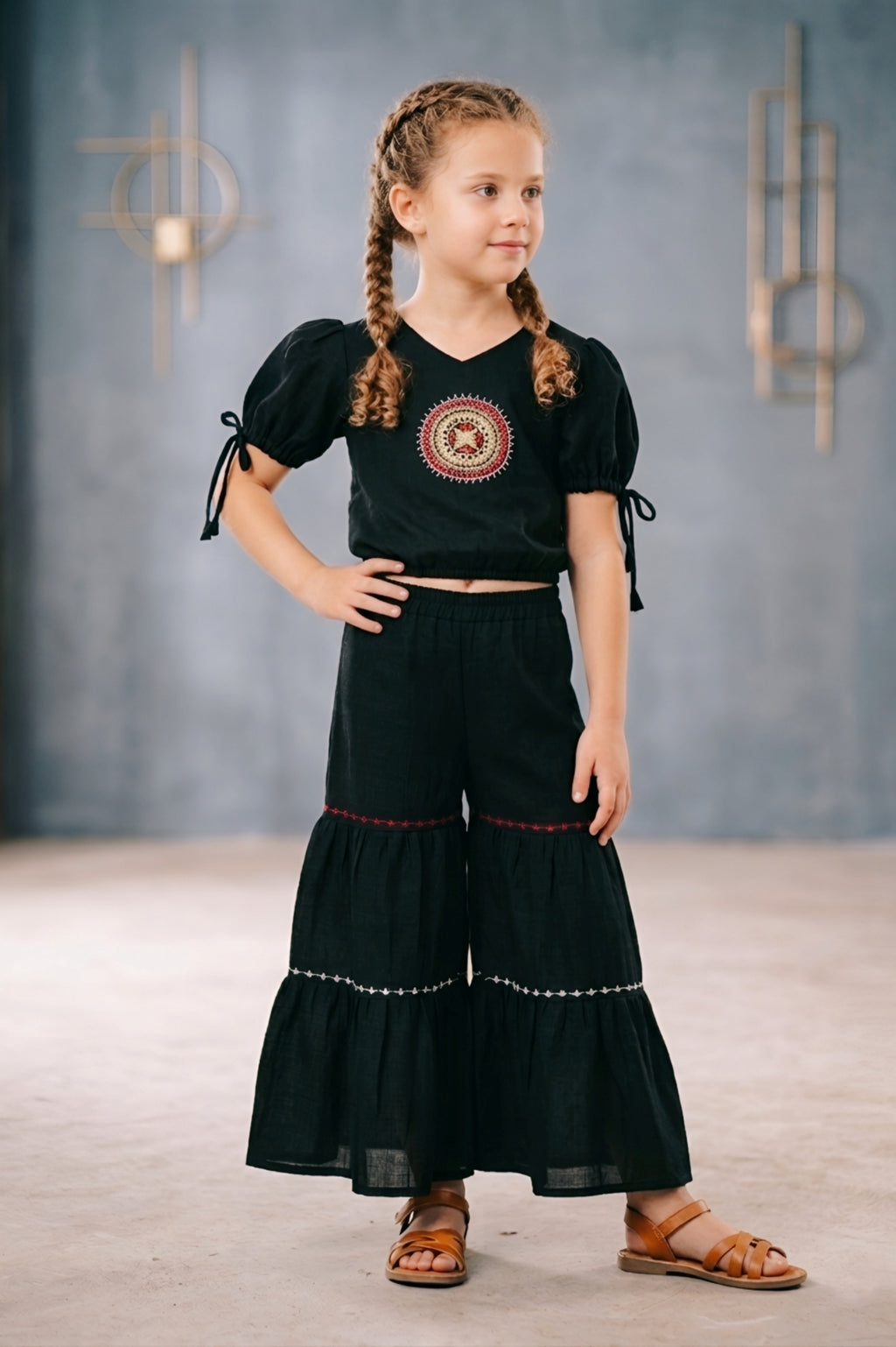 Girls Black Embroidered Top and Sharara Set