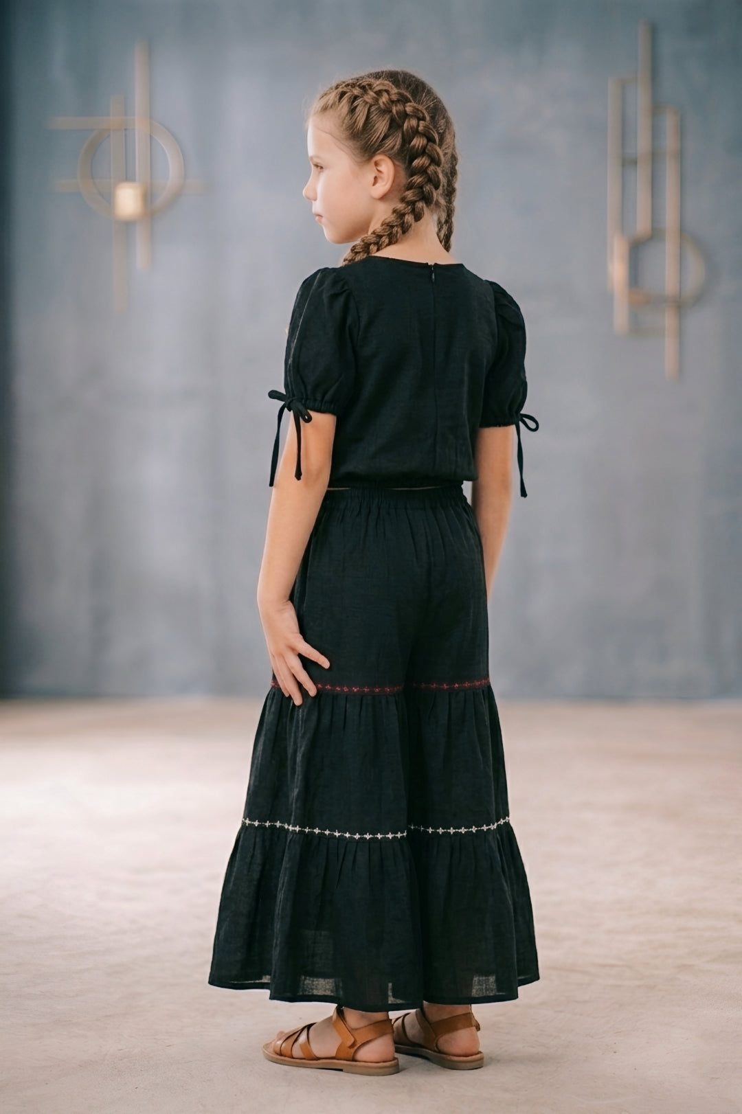 Girls Black Embroidered Top and Sharara Set