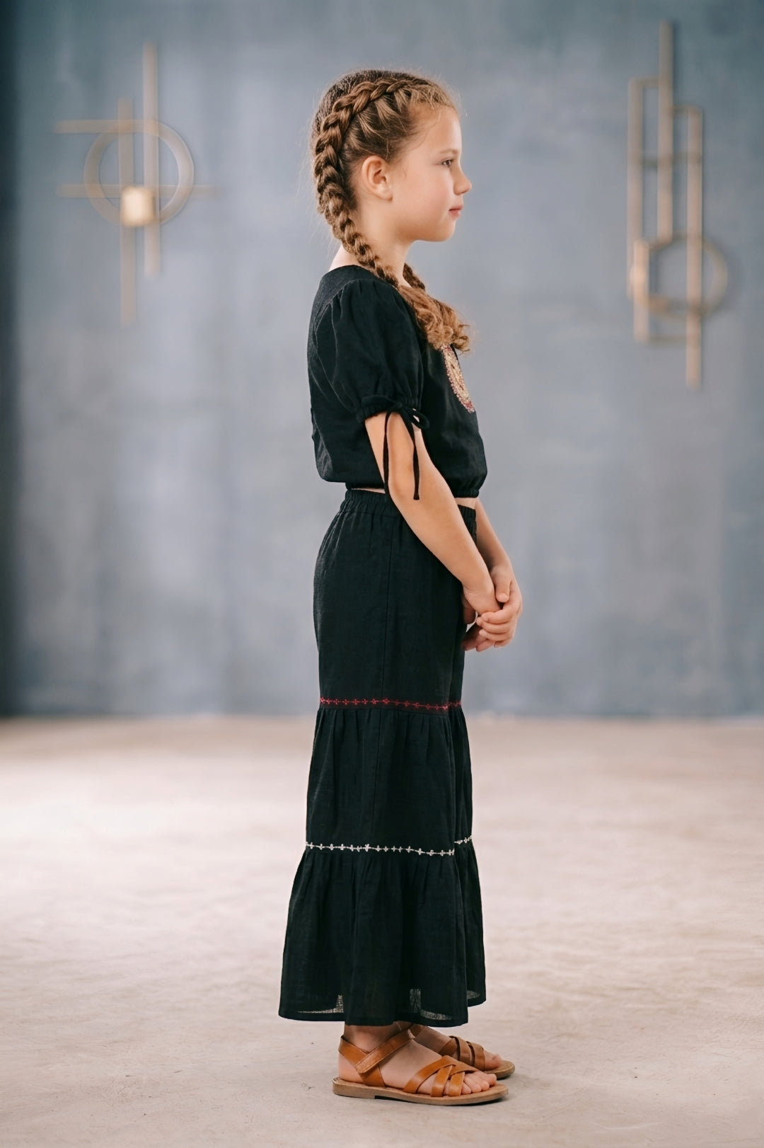 Girls Black Embroidered Top and Sharara Set