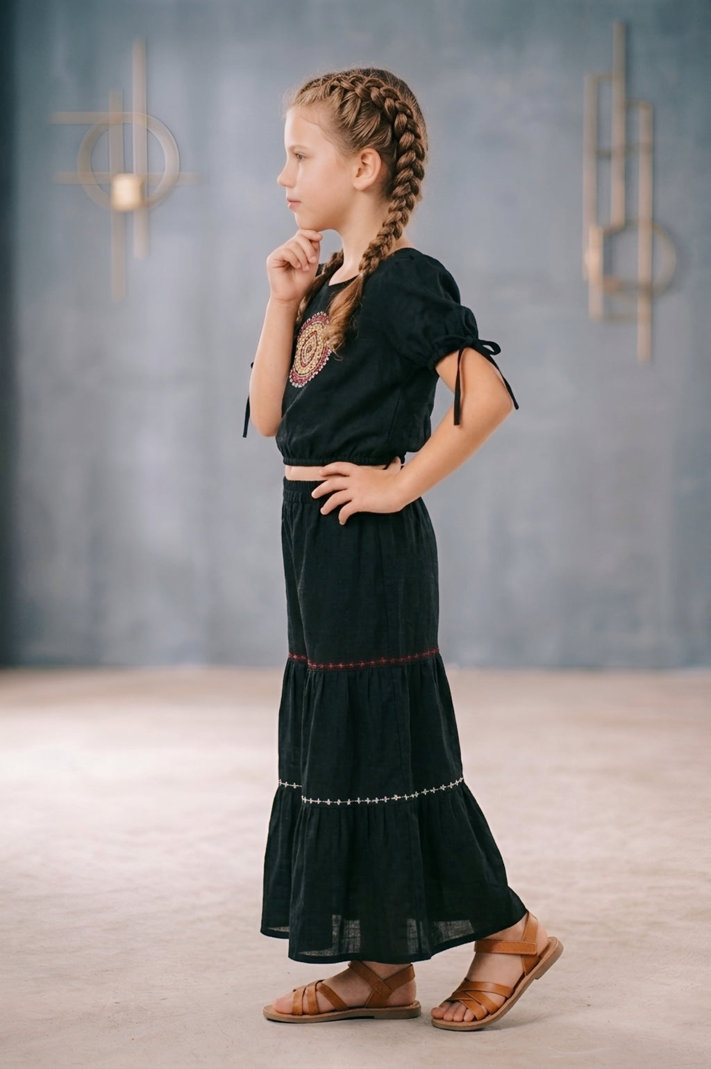 Girls Black Embroidered Top and Sharara Set