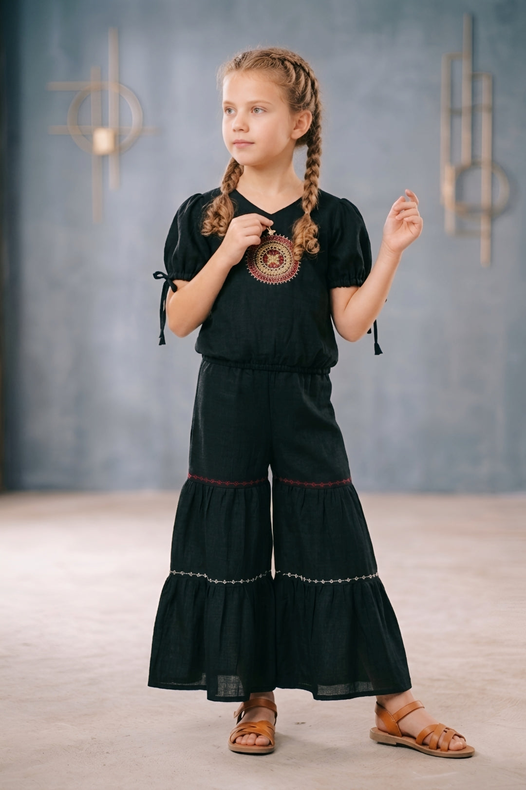Girls Black Embroidered Top and Sharara Set