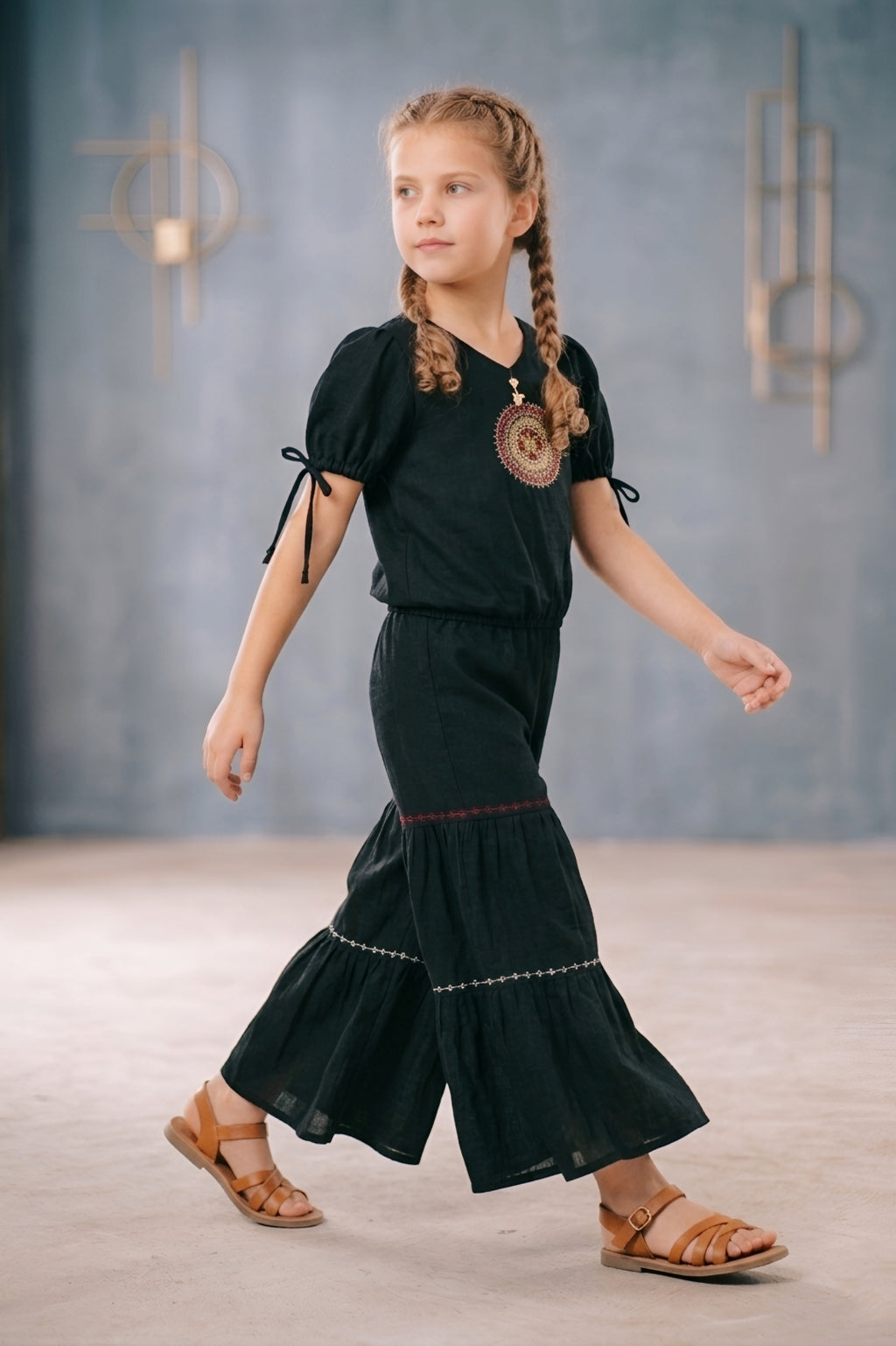 Girls Black Embroidered Top and Sharara Set