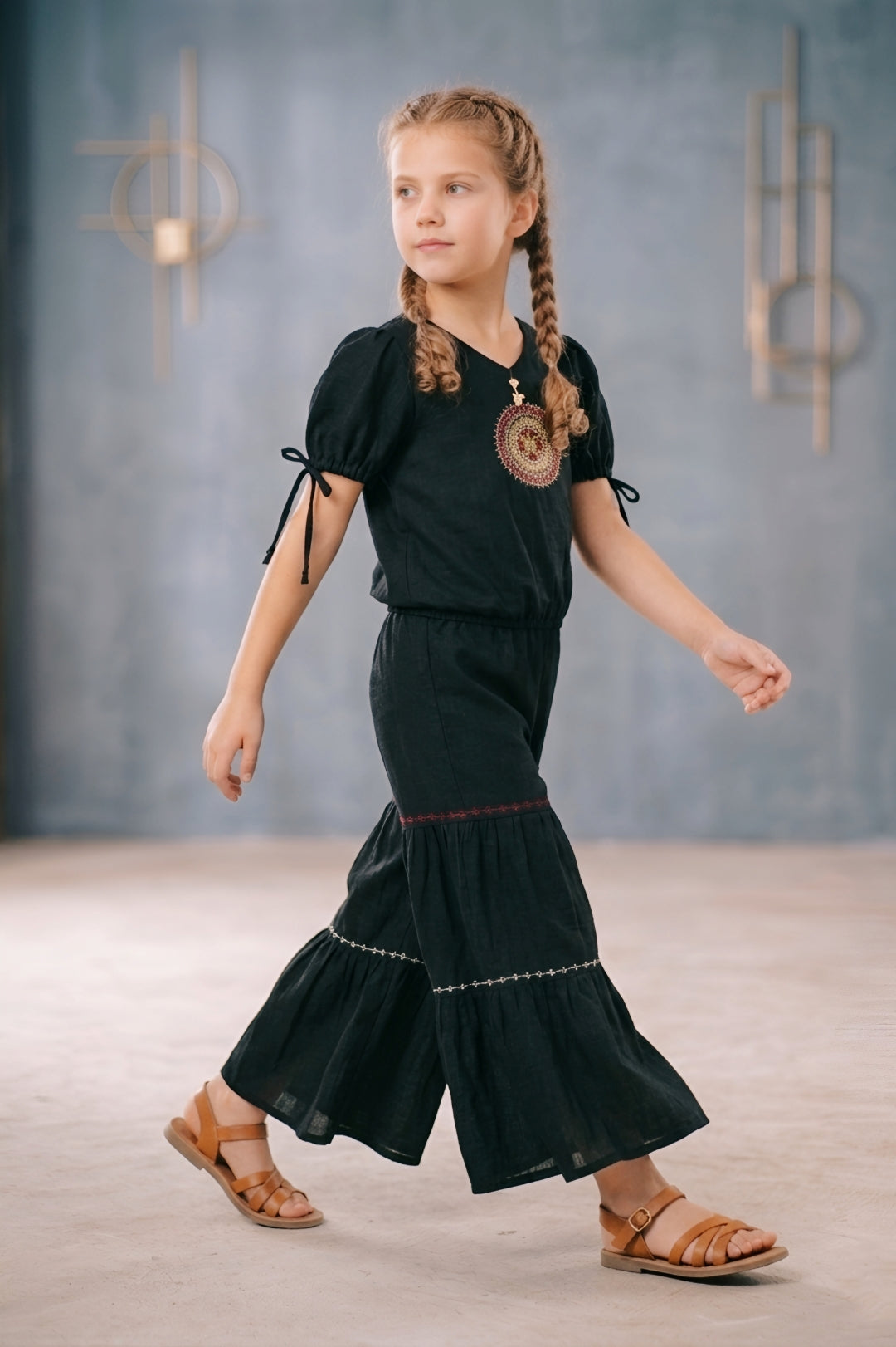 Girls Black Embroidered Top and Sharara Set
