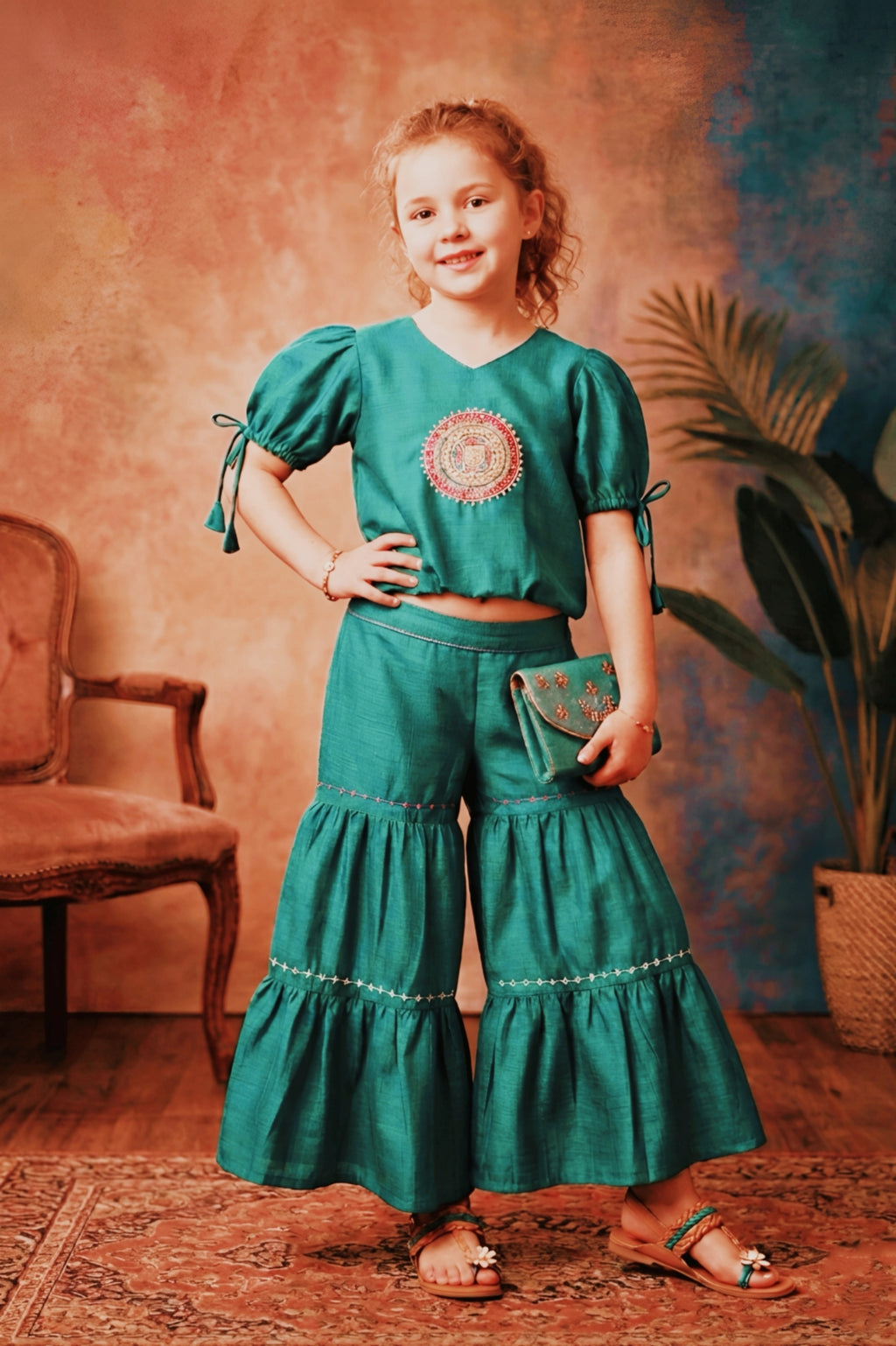 Girls Green Embroidered Top and Sharara Set