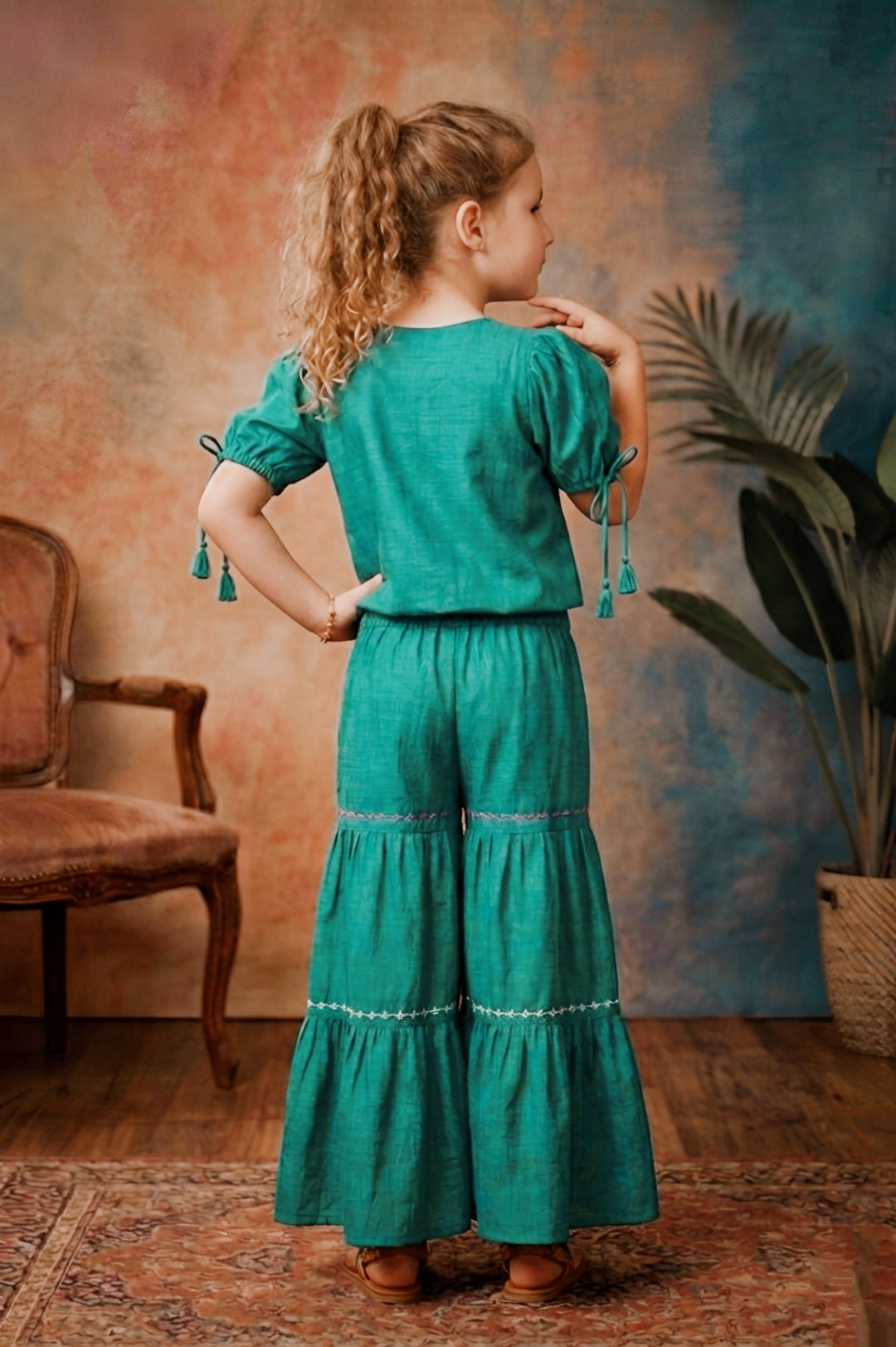 Girls Green Embroidered Top and Sharara Set