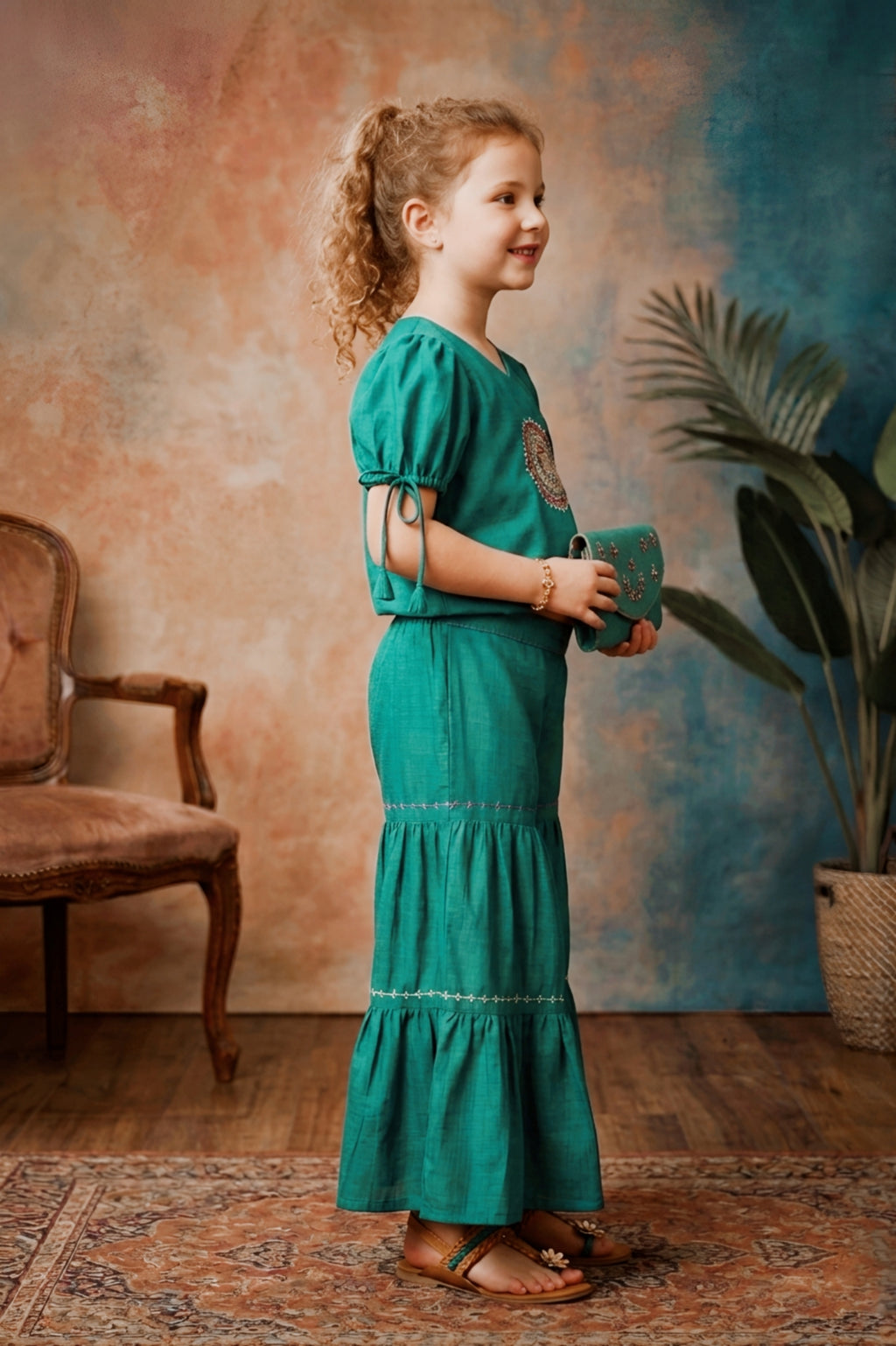 Girls Green Embroidered Top and Sharara Set