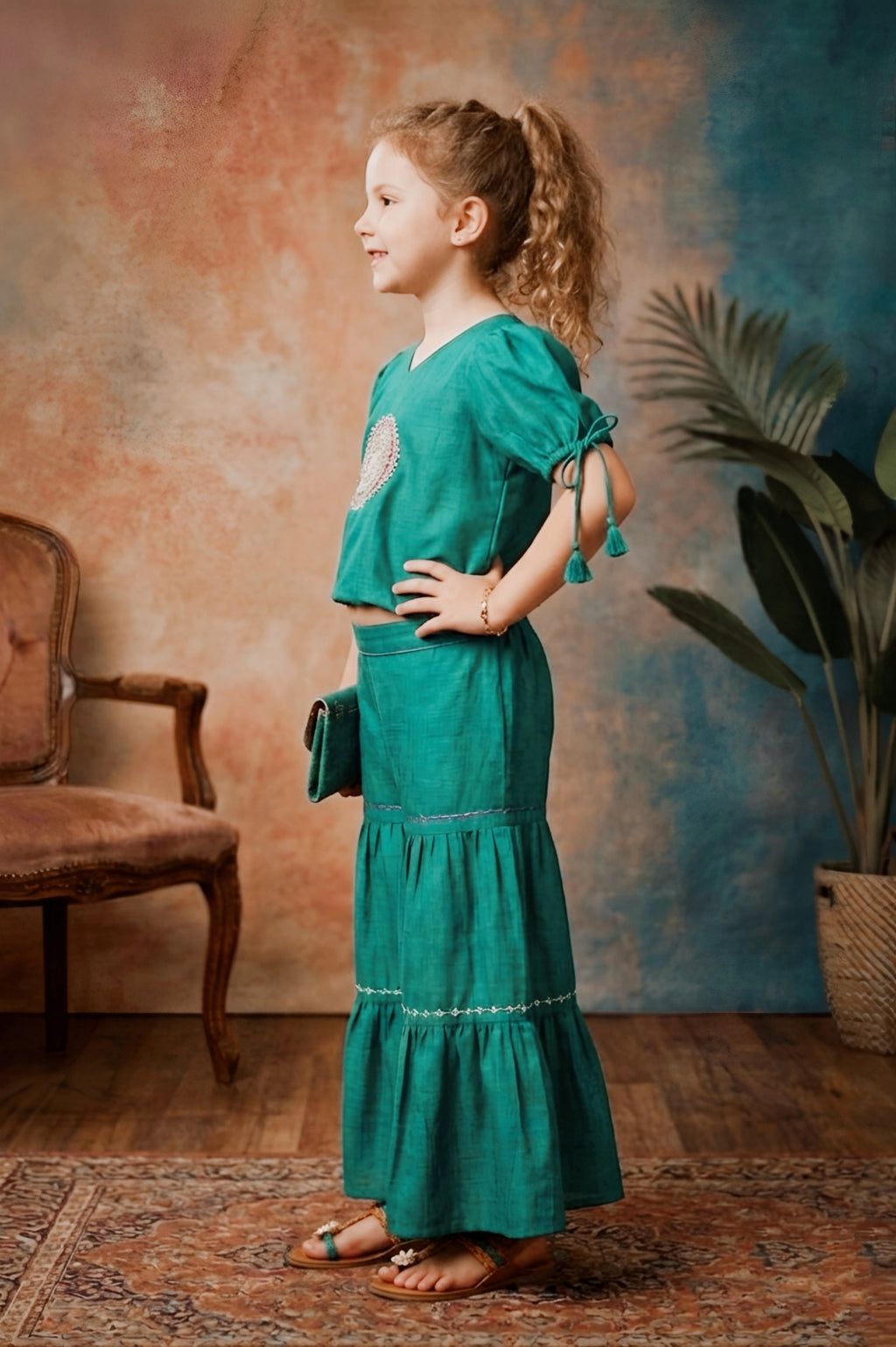 Girls Green Embroidered Top and Sharara Set