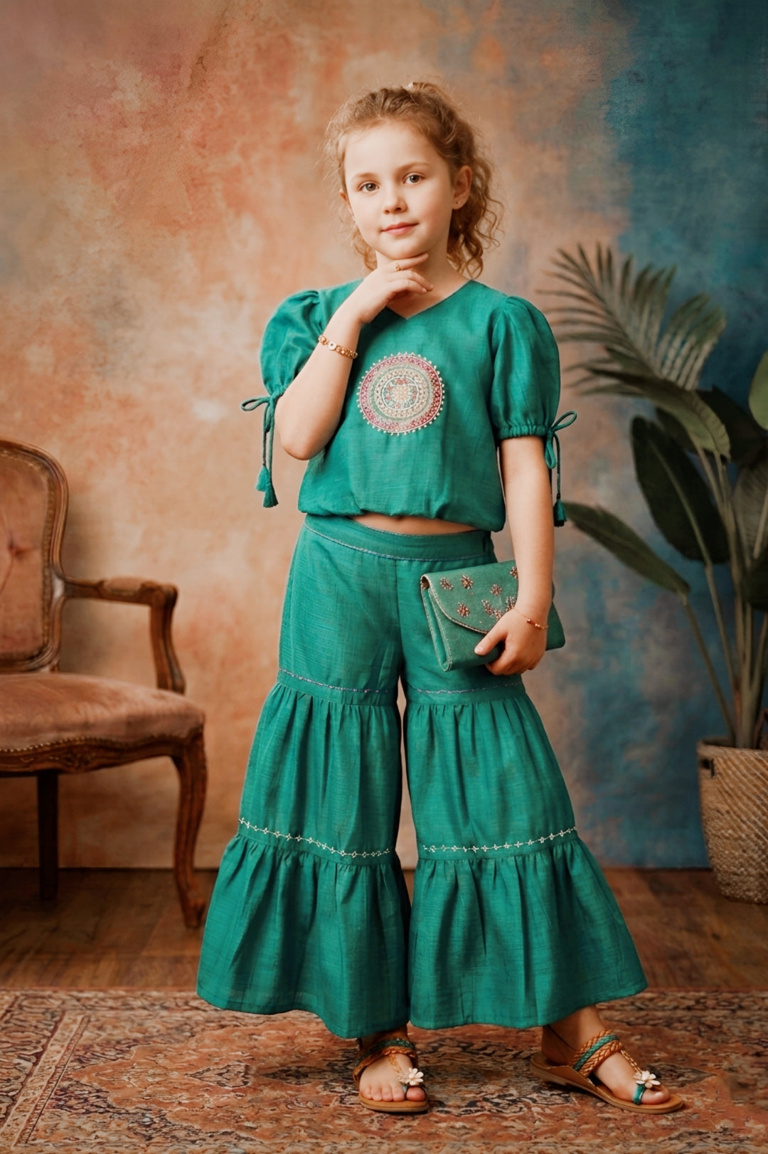 Girls Green Embroidered Top and Sharara Set