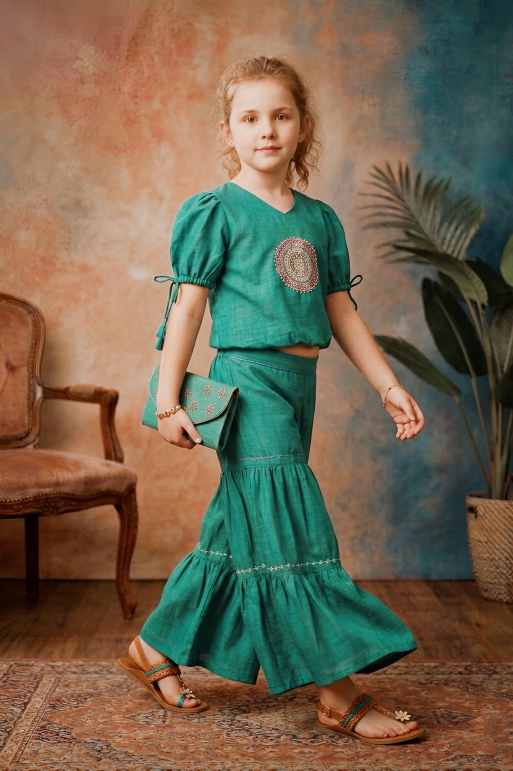 Girls Green Embroidered Top and Sharara Set