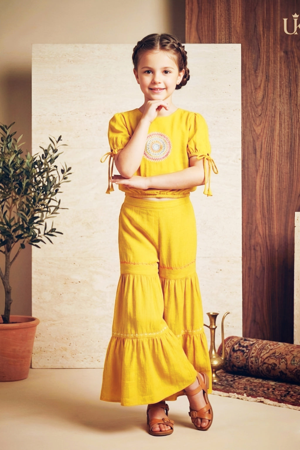 Girls Yellow Embroidered Top and Sharara Set