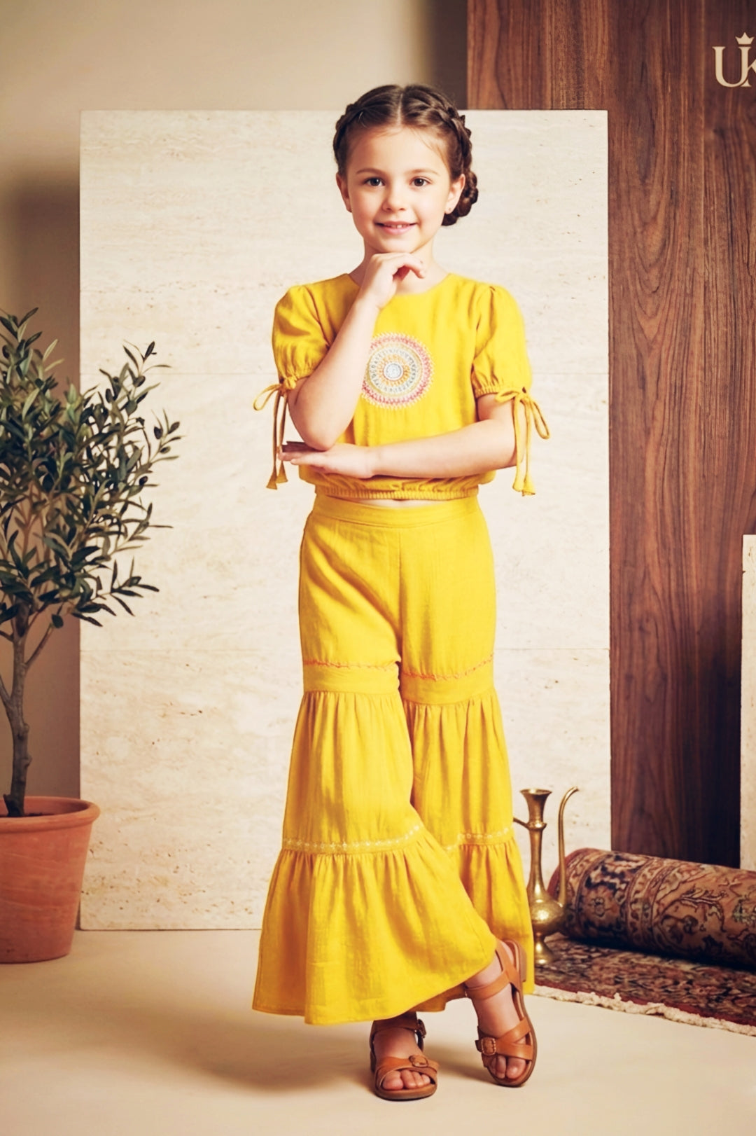 Girls Yellow Embroidered Top and Sharara Set