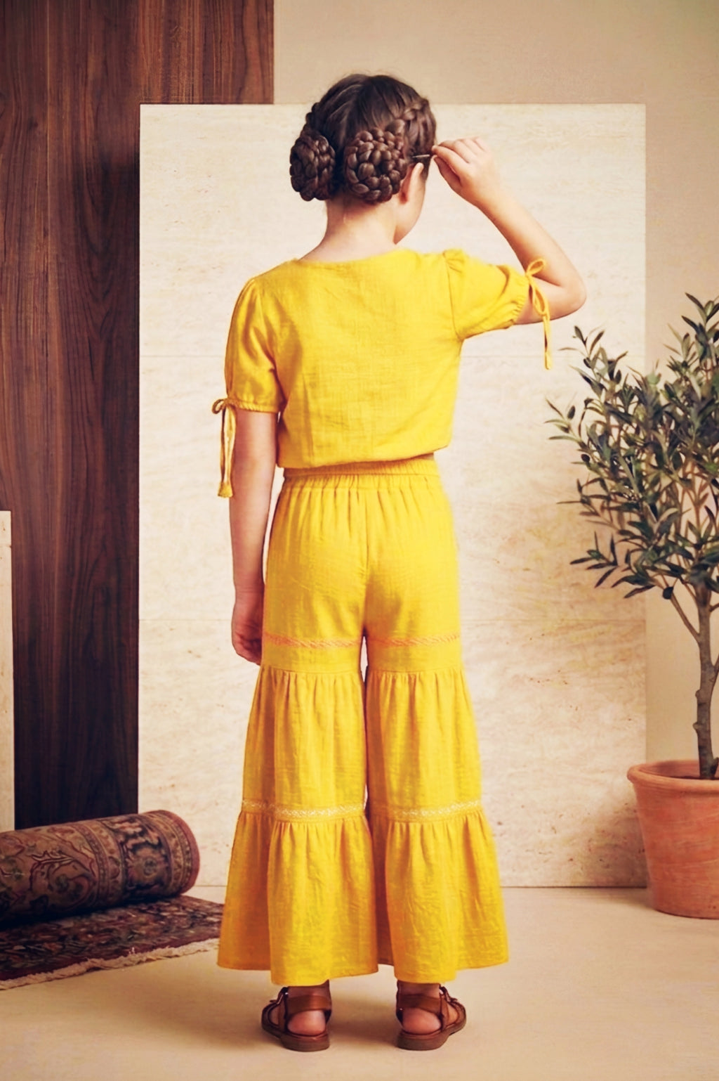 Girls Yellow Embroidered Top and Sharara Set