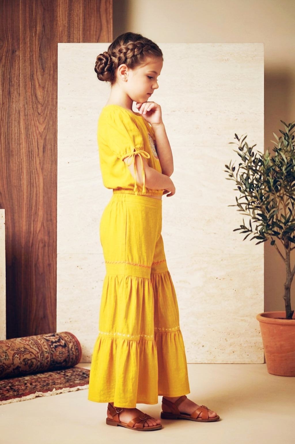 Girls Yellow Embroidered Top and Sharara Set