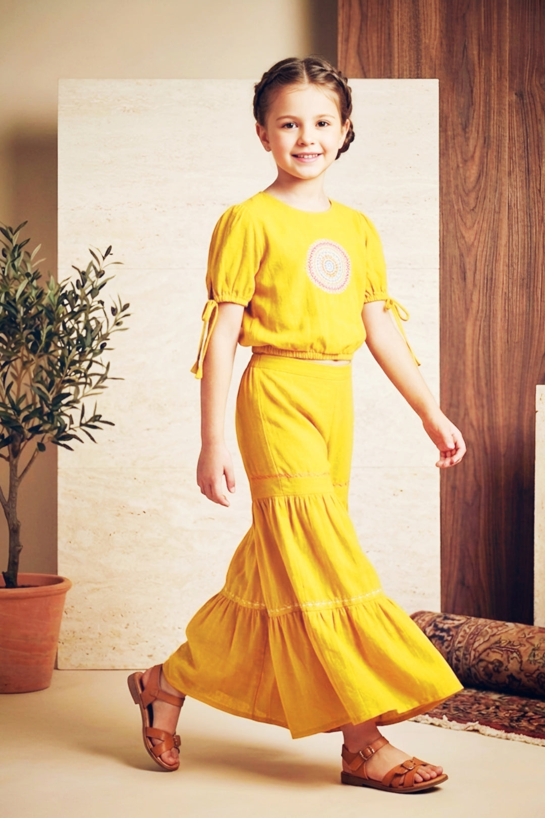 Girls Yellow Embroidered Top and Sharara Set