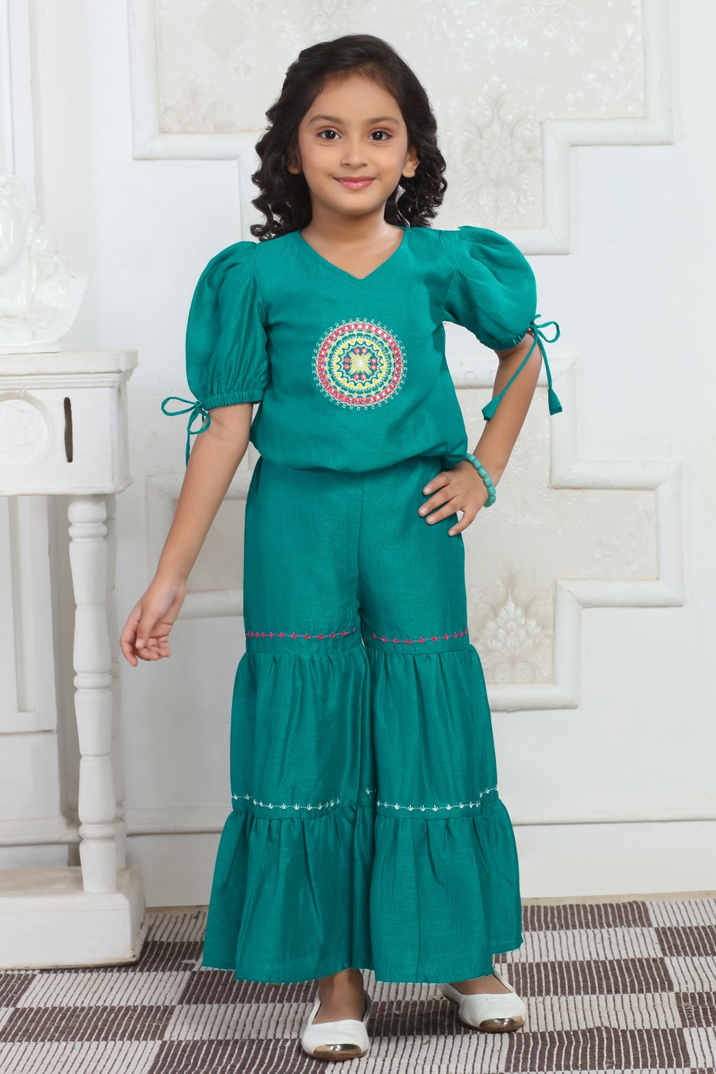 Girls Green Embroidered Top and Sharara Set