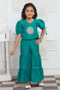 Girls Green Embroidered Top and Sharara Set