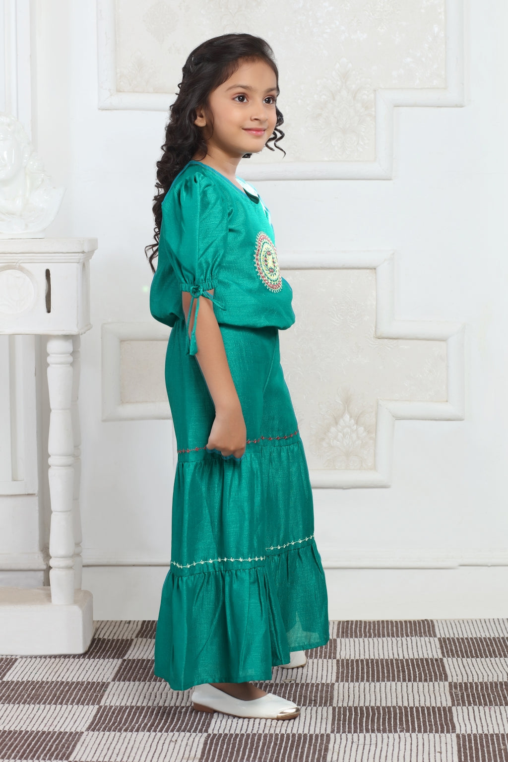 Girls Green Embroidered Top and Sharara Set