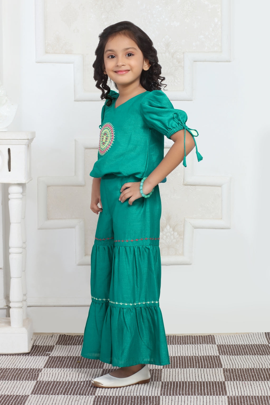 Girls Green Embroidered Top and Sharara Set