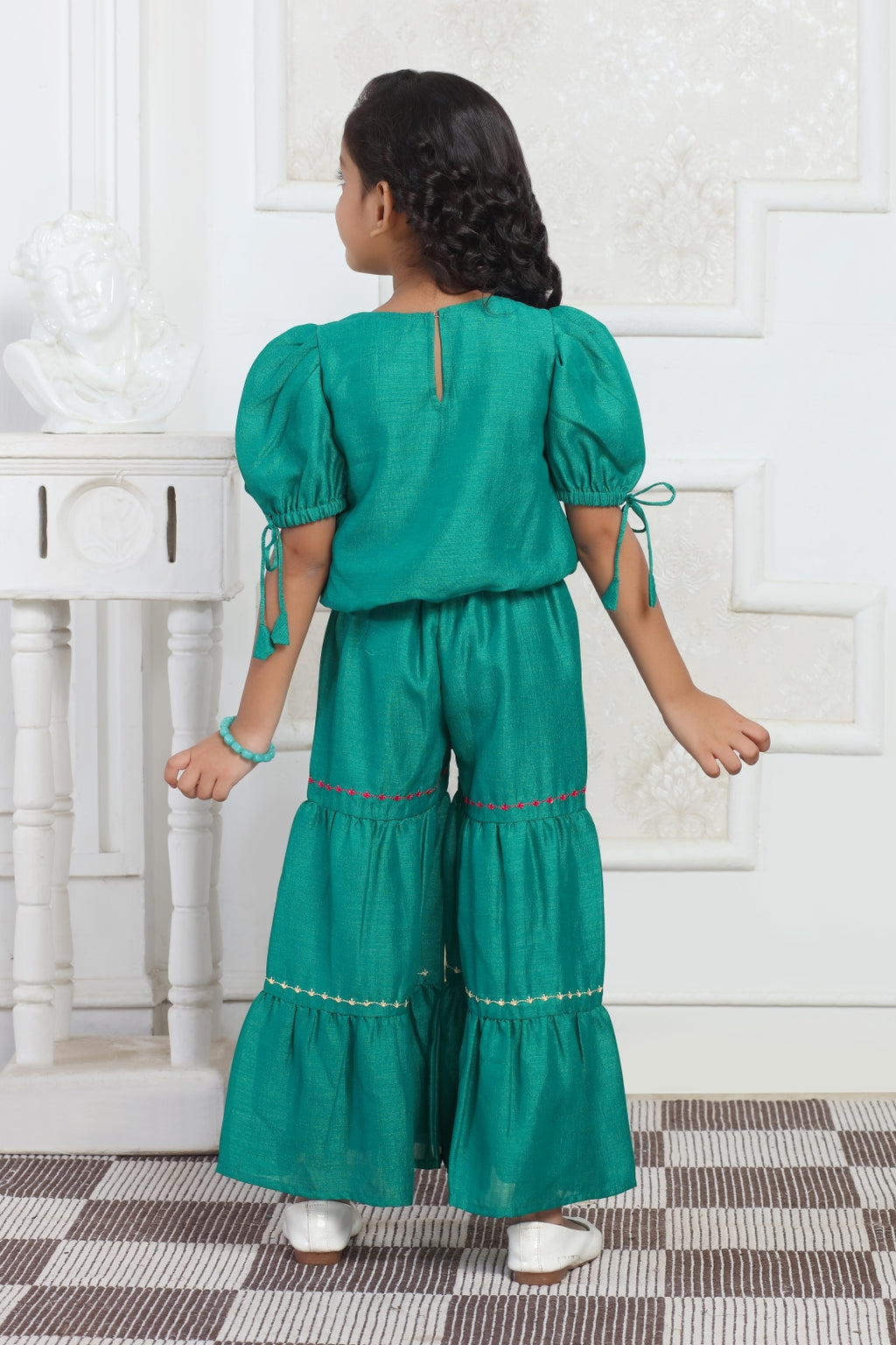Girls Green Embroidered Top and Sharara Set