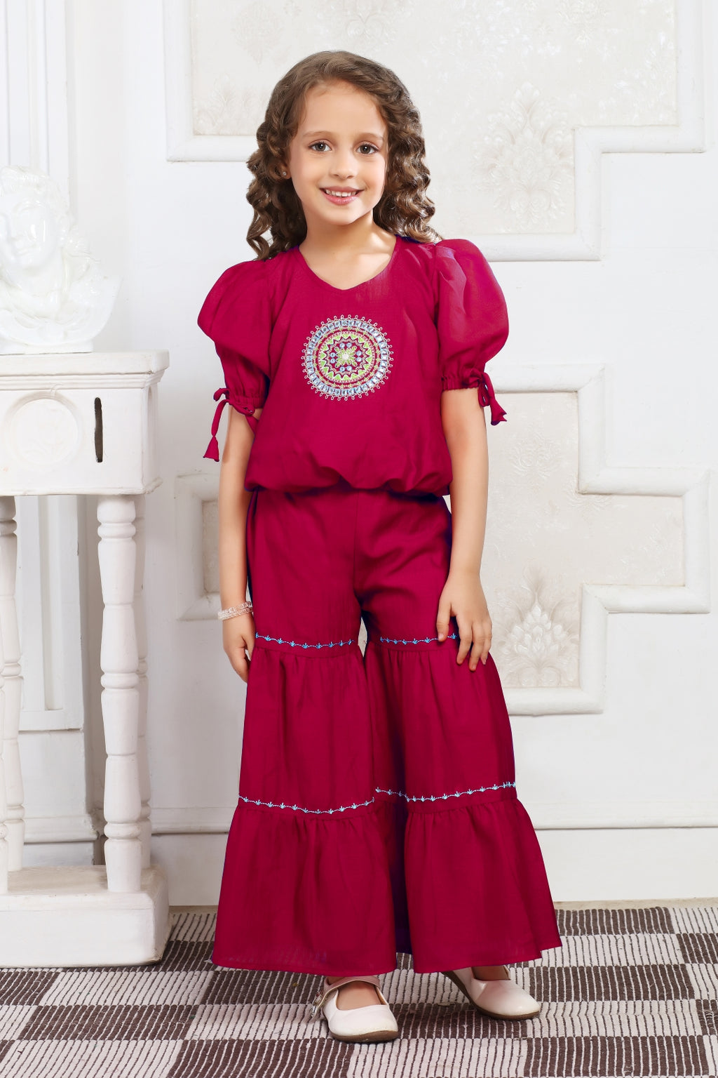 Girls Maroon Embroidered Top and Sharara Set
