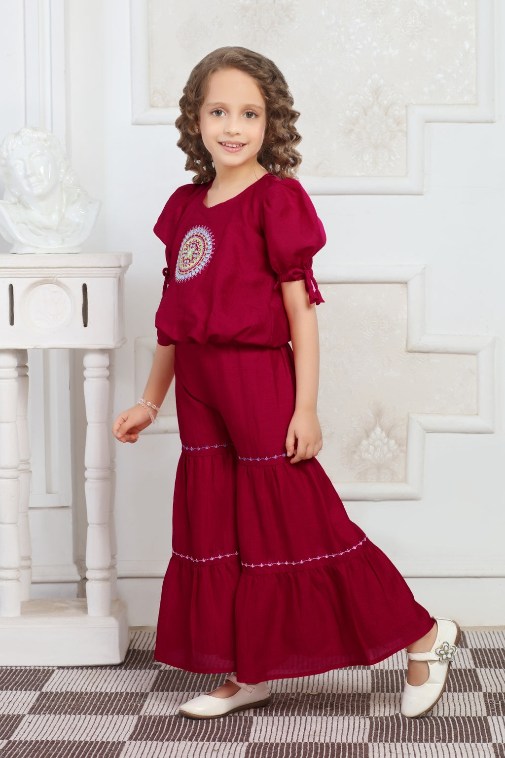 Girls Maroon Embroidered Top and Sharara Set
