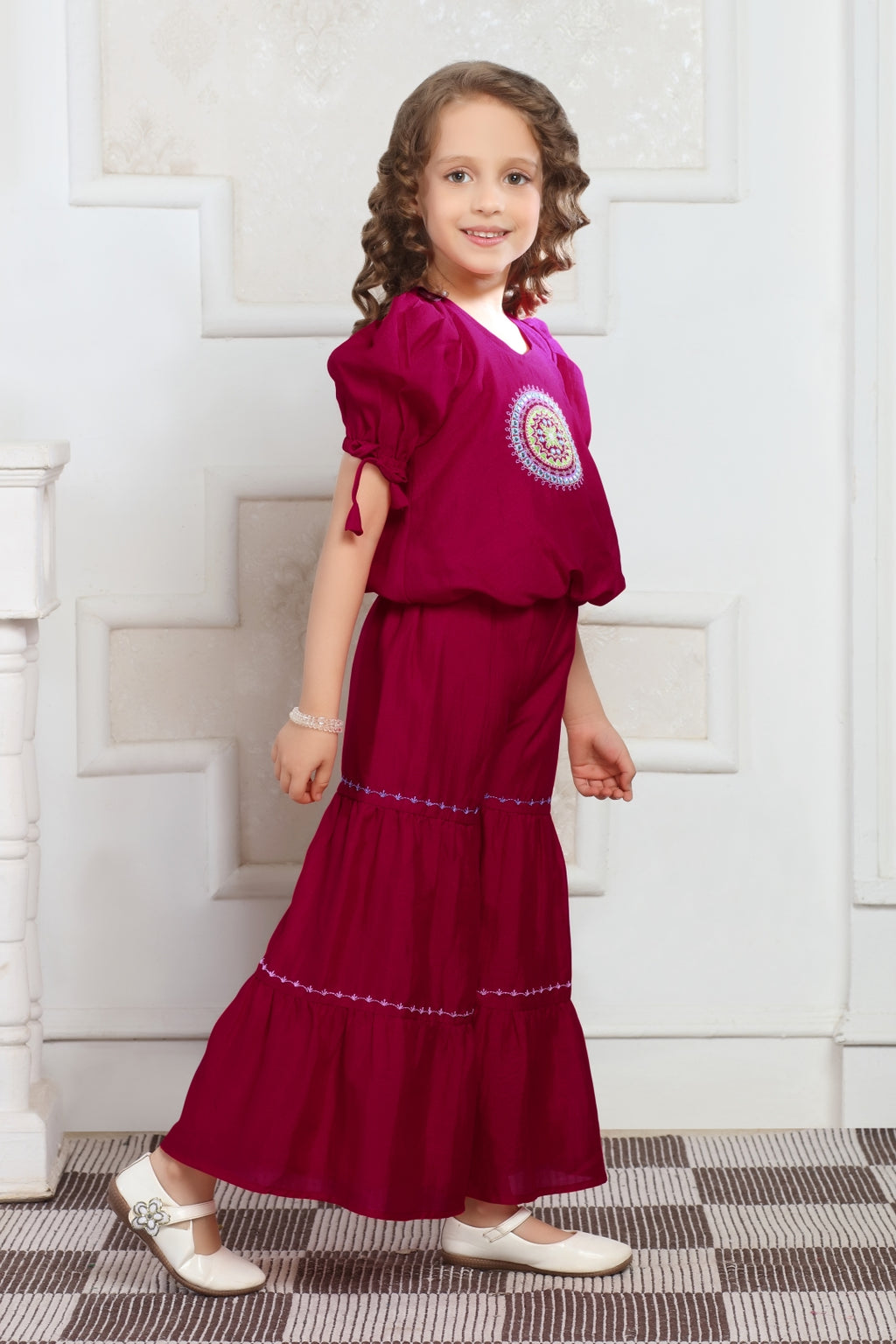 Girls Maroon Embroidered Top and Sharara Set