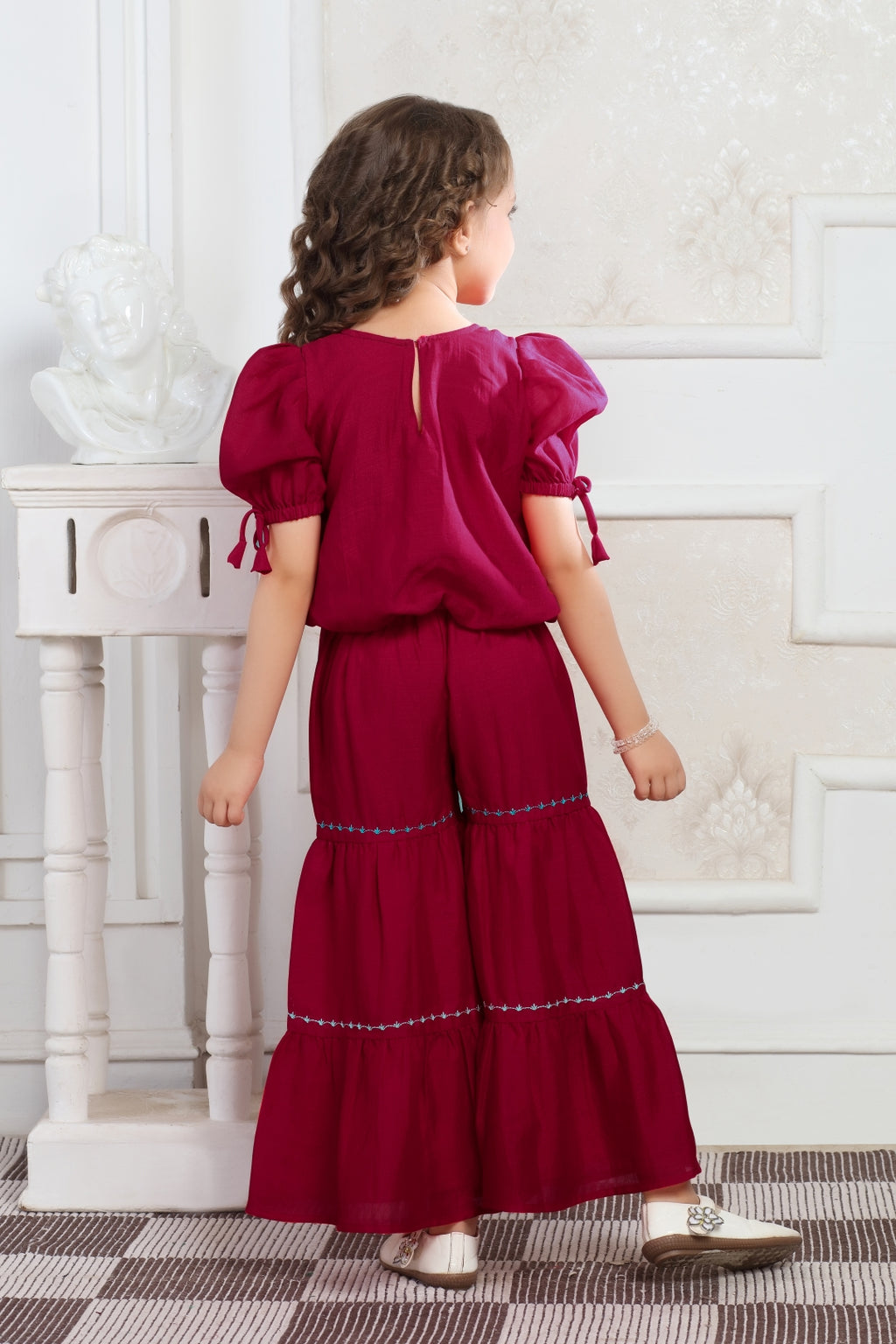 Girls Maroon Embroidered Top and Sharara Set