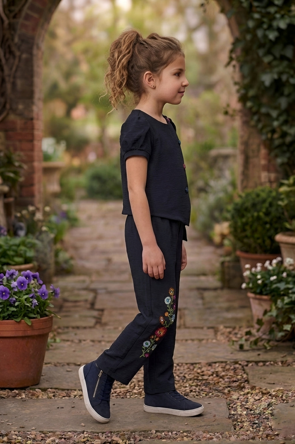 Black Multi-Button Top & Embroidered Trouser Set