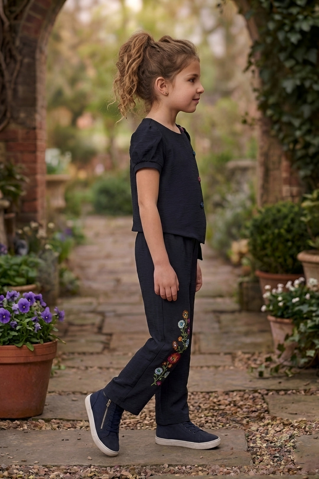 Black Multi-Button Top & Embroidered Trouser Set