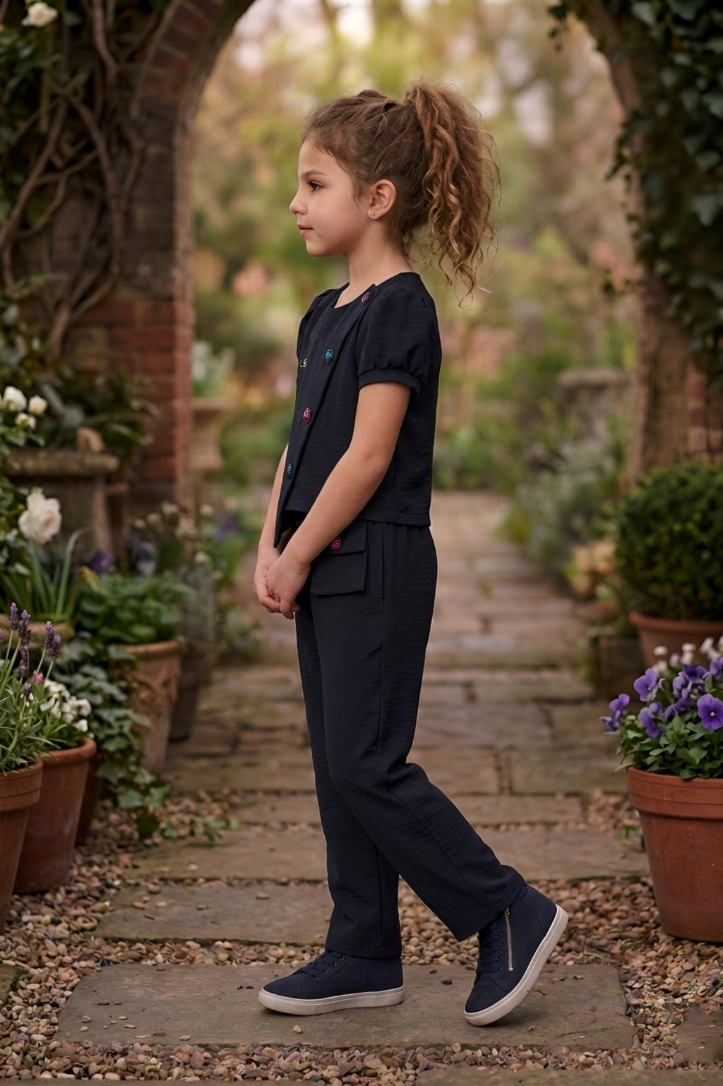 Black Multi-Button Top & Embroidered Trouser Set