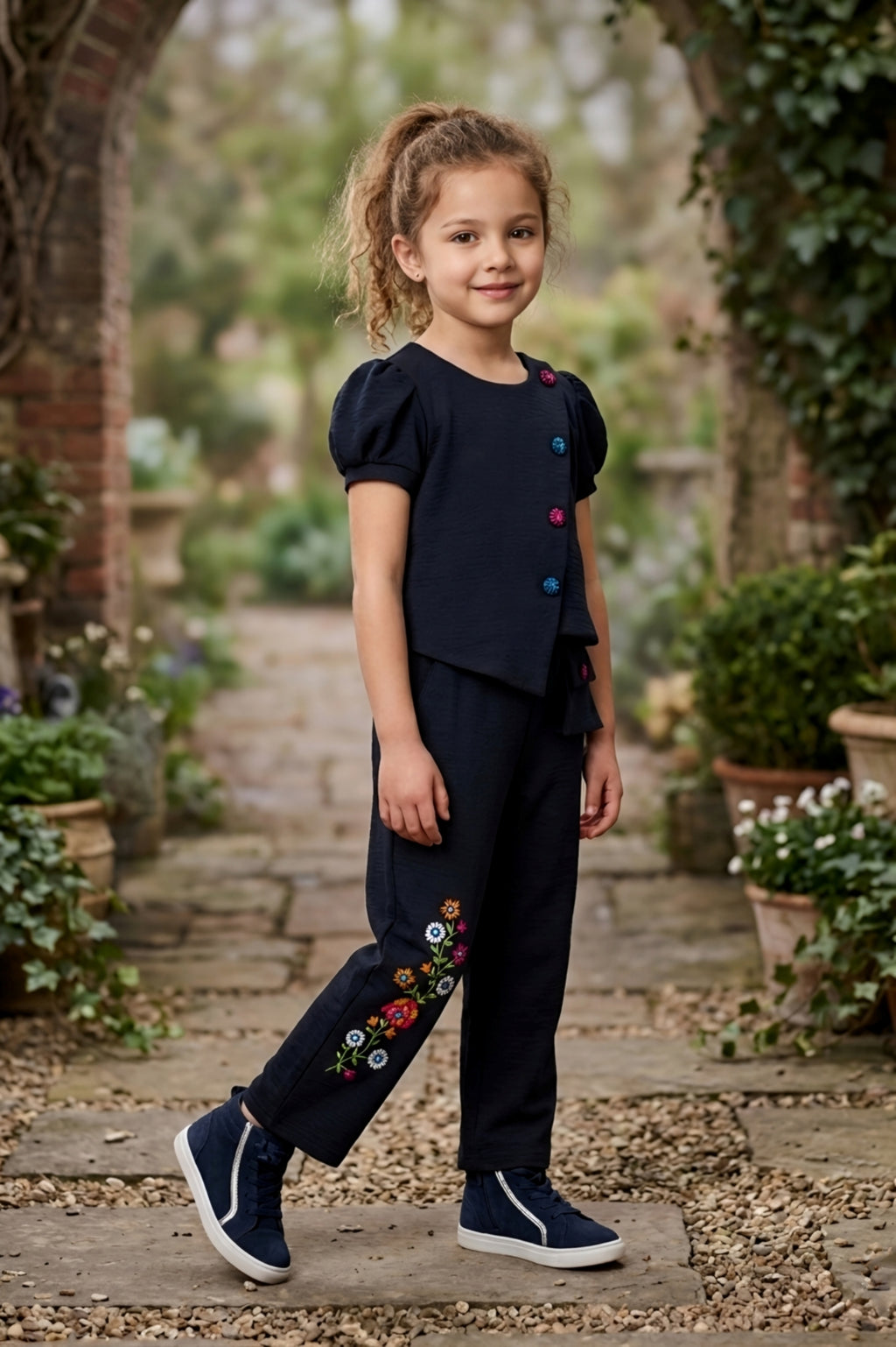 Black Multi-Button Top & Embroidered Trouser Set