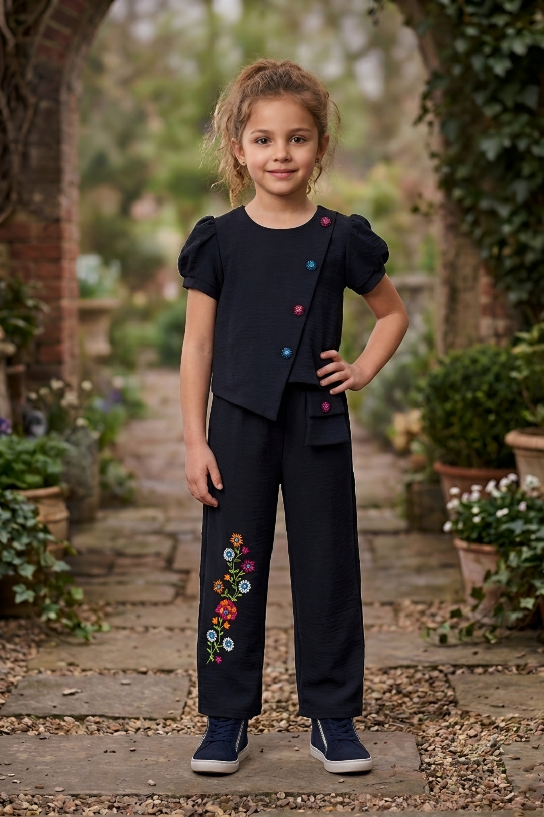 Black Multi-Button Top & Embroidered Trouser Set