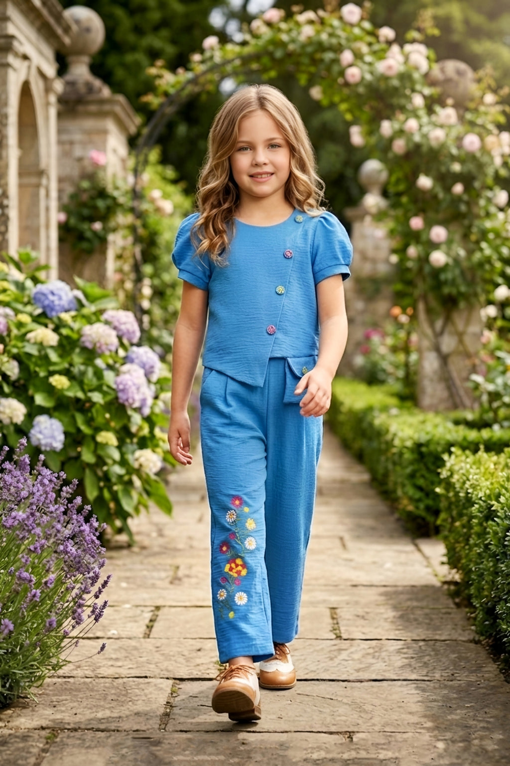 Blue Multi-Button Top & Embroidered Trouser Set