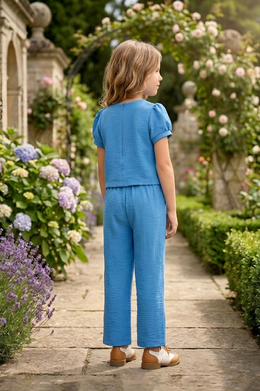 Blue Multi-Button Top & Embroidered Trouser Set