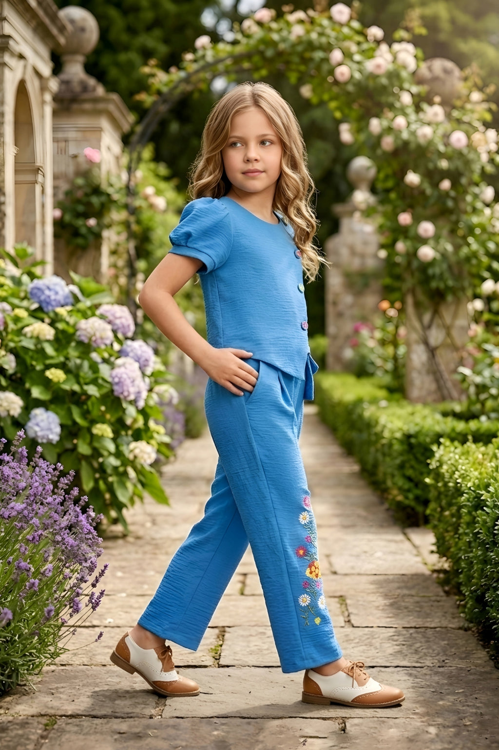 Blue Multi-Button Top & Embroidered Trouser Set