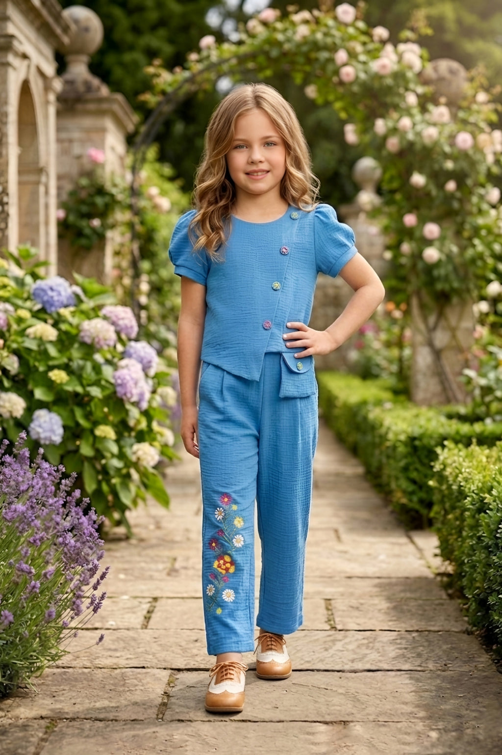 Blue Multi-Button Top & Embroidered Trouser Set