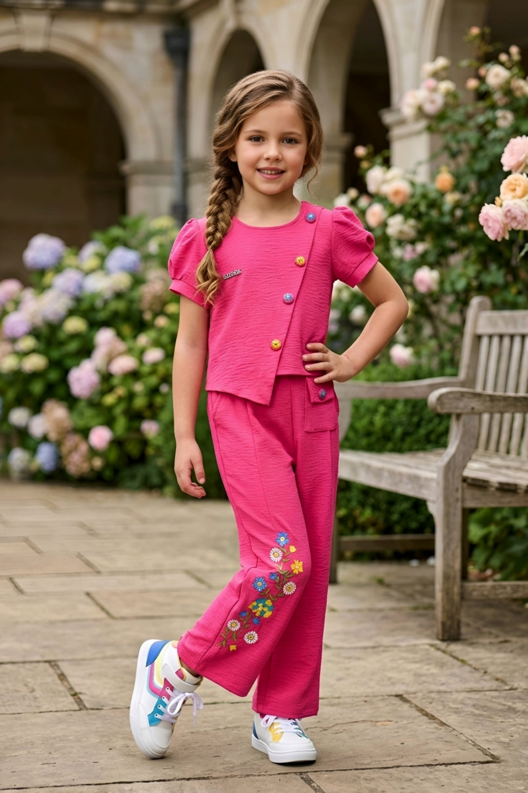 Pink Multi-Button Top & Embroidered Trouser Set