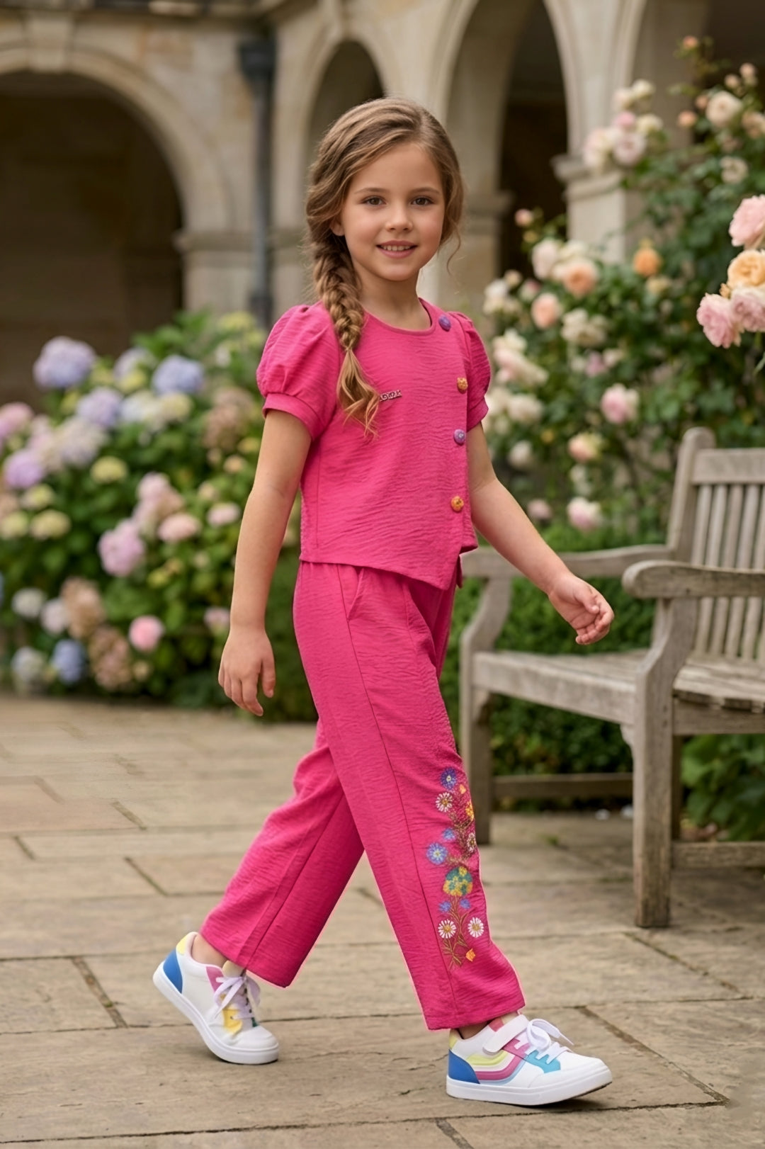 Pink Multi-Button Top & Embroidered Trouser Set