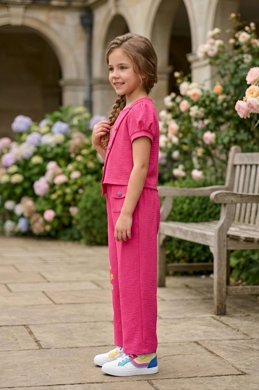 Pink Multi-Button Top & Embroidered Trouser Set
