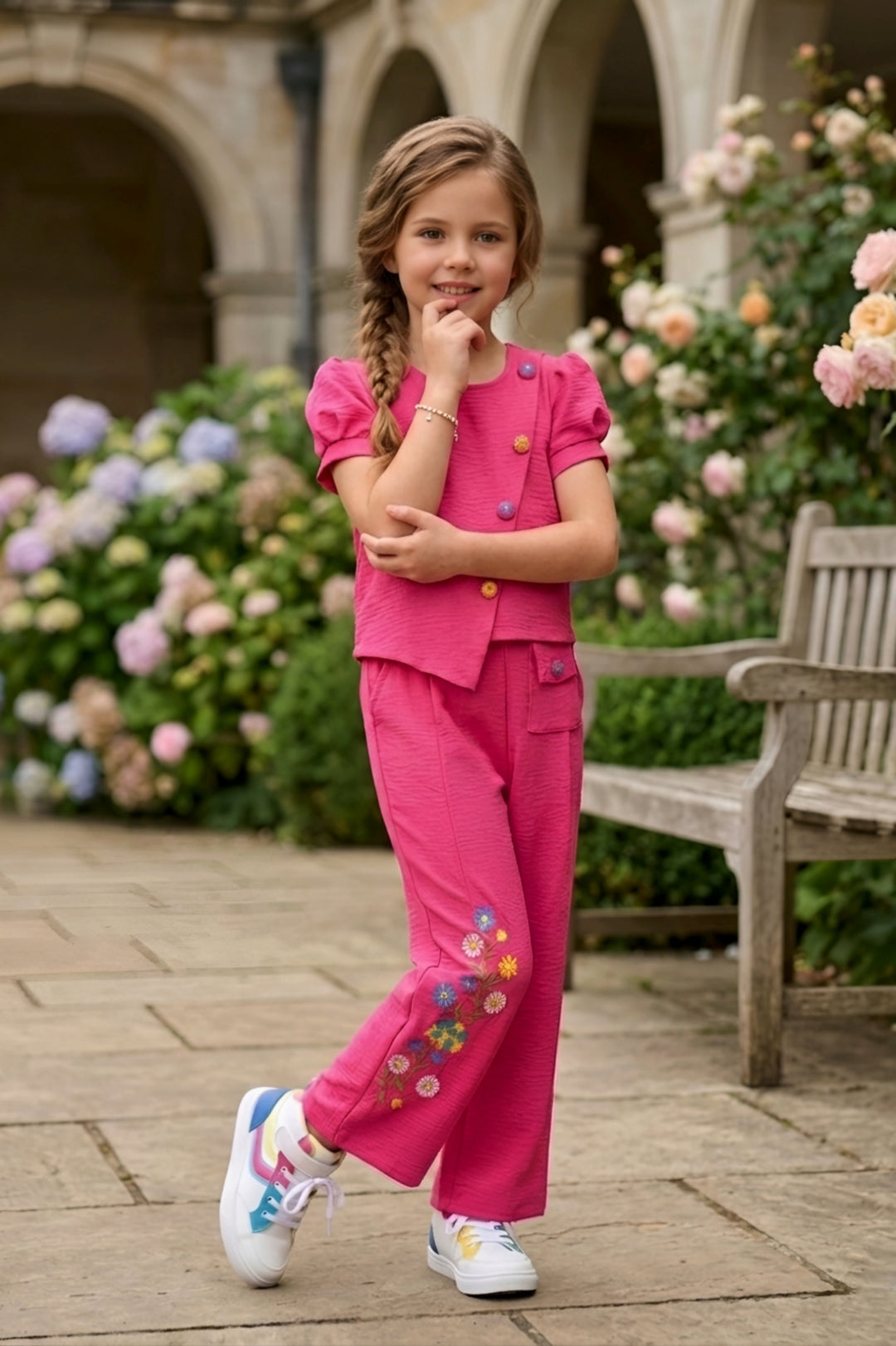 Pink Multi-Button Top & Embroidered Trouser Set