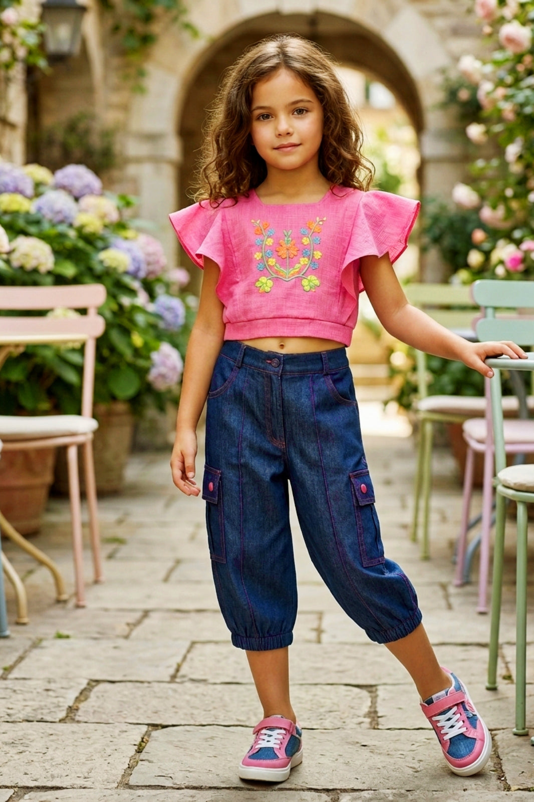 Embroidered Pink Flutter-Sleeve Top & Denim Cargo Set