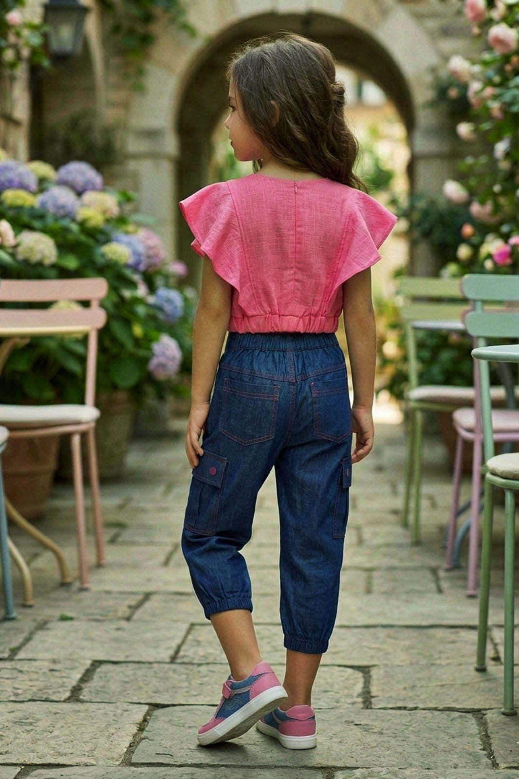 Embroidered Pink Flutter-Sleeve Top & Denim Cargo Set