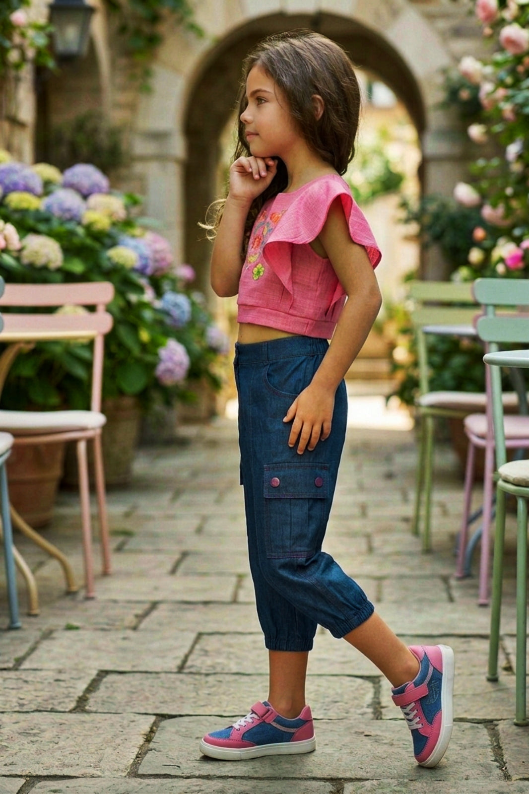 Embroidered Pink Flutter-Sleeve Top & Denim Cargo Set