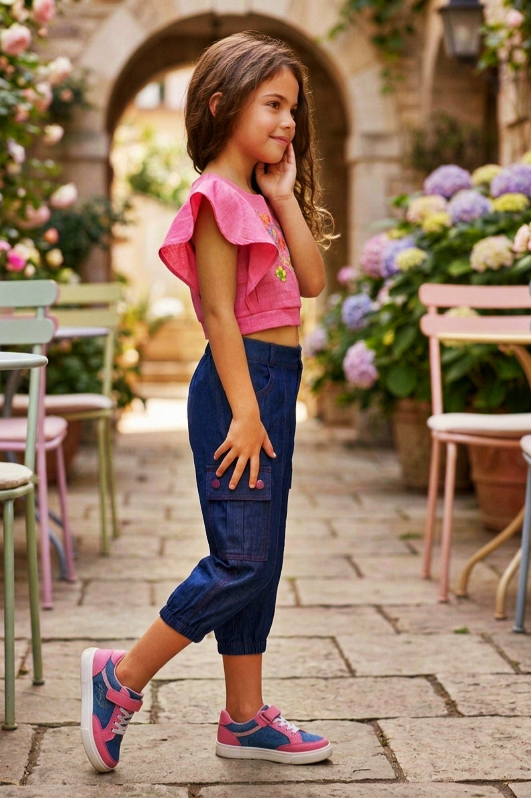Embroidered Pink Flutter-Sleeve Top & Denim Cargo Set