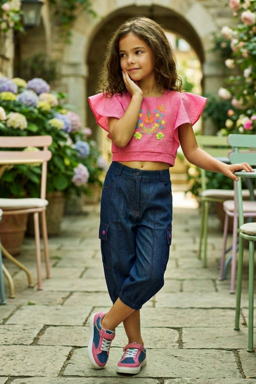 Embroidered Pink Flutter-Sleeve Top & Denim Cargo Set