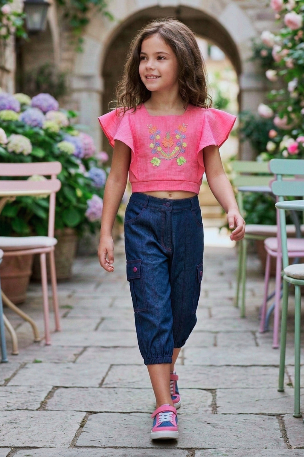 Embroidered Pink Flutter-Sleeve Top & Denim Cargo Set