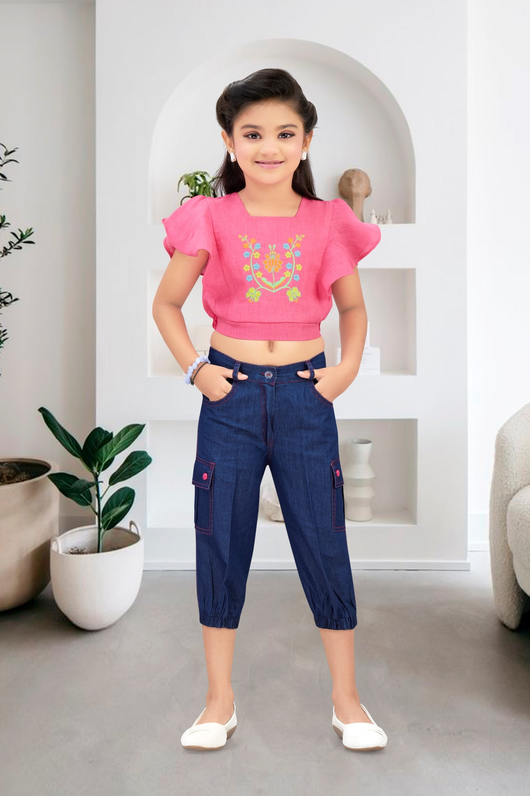 Embroidered Pink Flutter-Sleeve Top & Denim Cargo Set