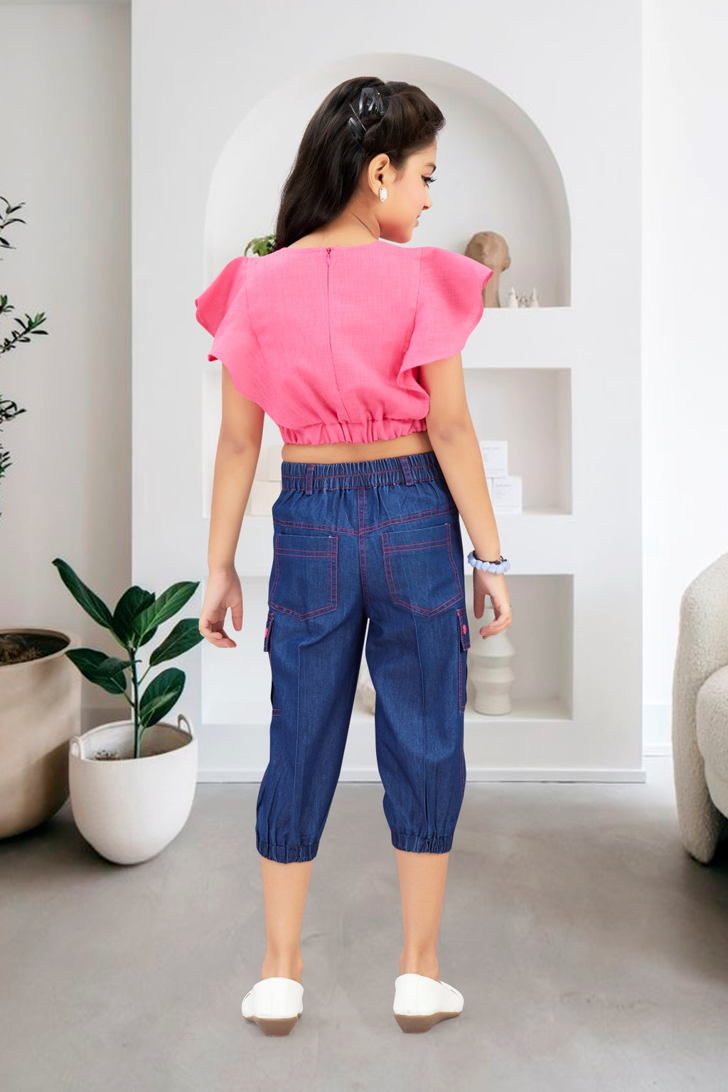 Embroidered Flutter-Sleeve Top & Denim Cargo Set